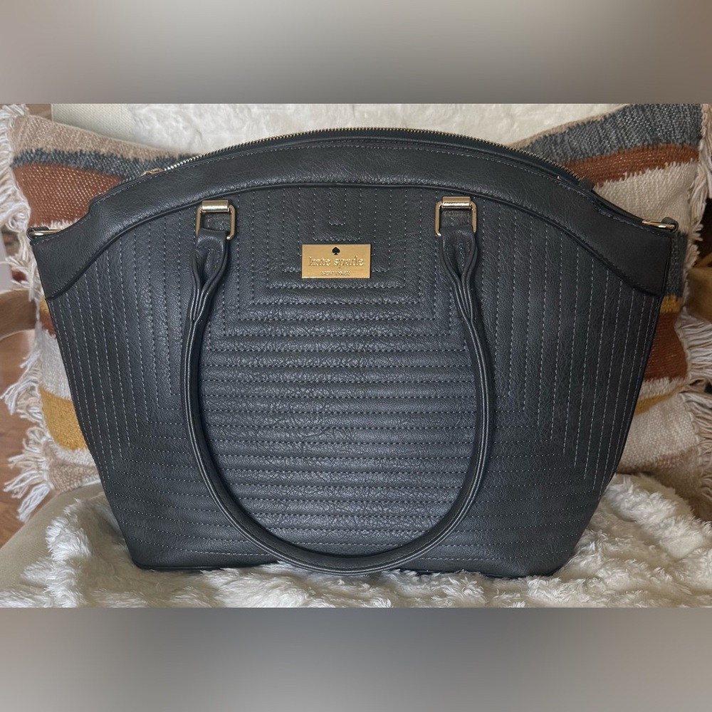 Kate Spade New York Quilted Leather Satchel Gray Large Top Handle Bag Gold HW - Picture 2 of 11